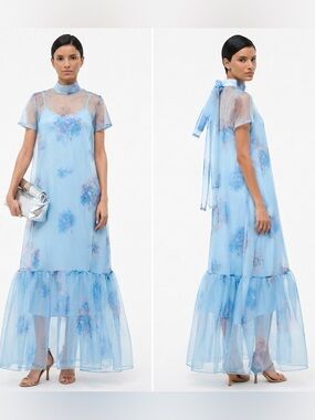 Nancy Yang  Floral Blue Maxi Dress with Ruffle Hem